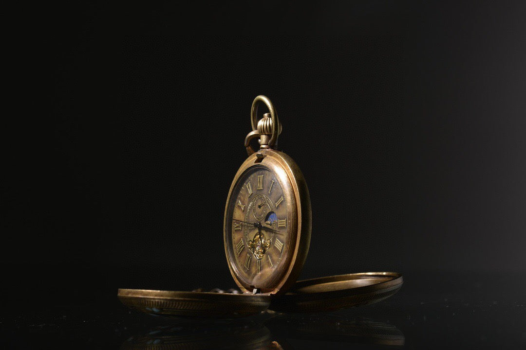 Chinese antique copper inlaid enamel sun, moon, and stars double opening pocket watch