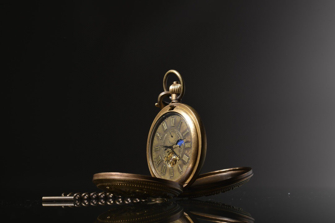 Chinese antique bronze angel Holy Spirit Sun Moon Star double opening pocket watch