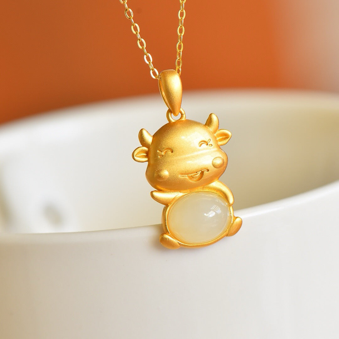 Silver inlaid Hetian Jade Silver Ox Pendant