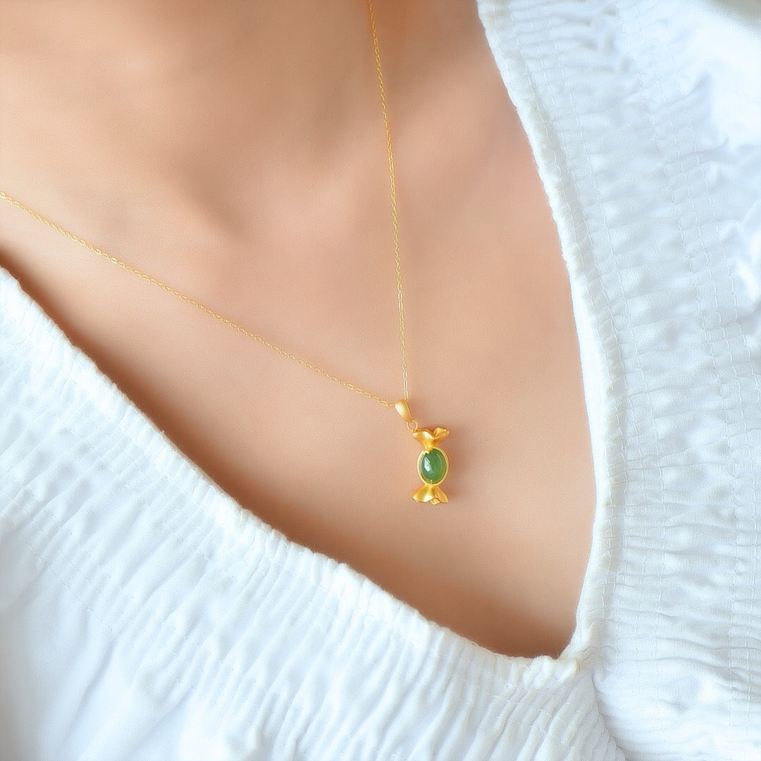 Silver inlaid Hotan Jade jasper candy pendant