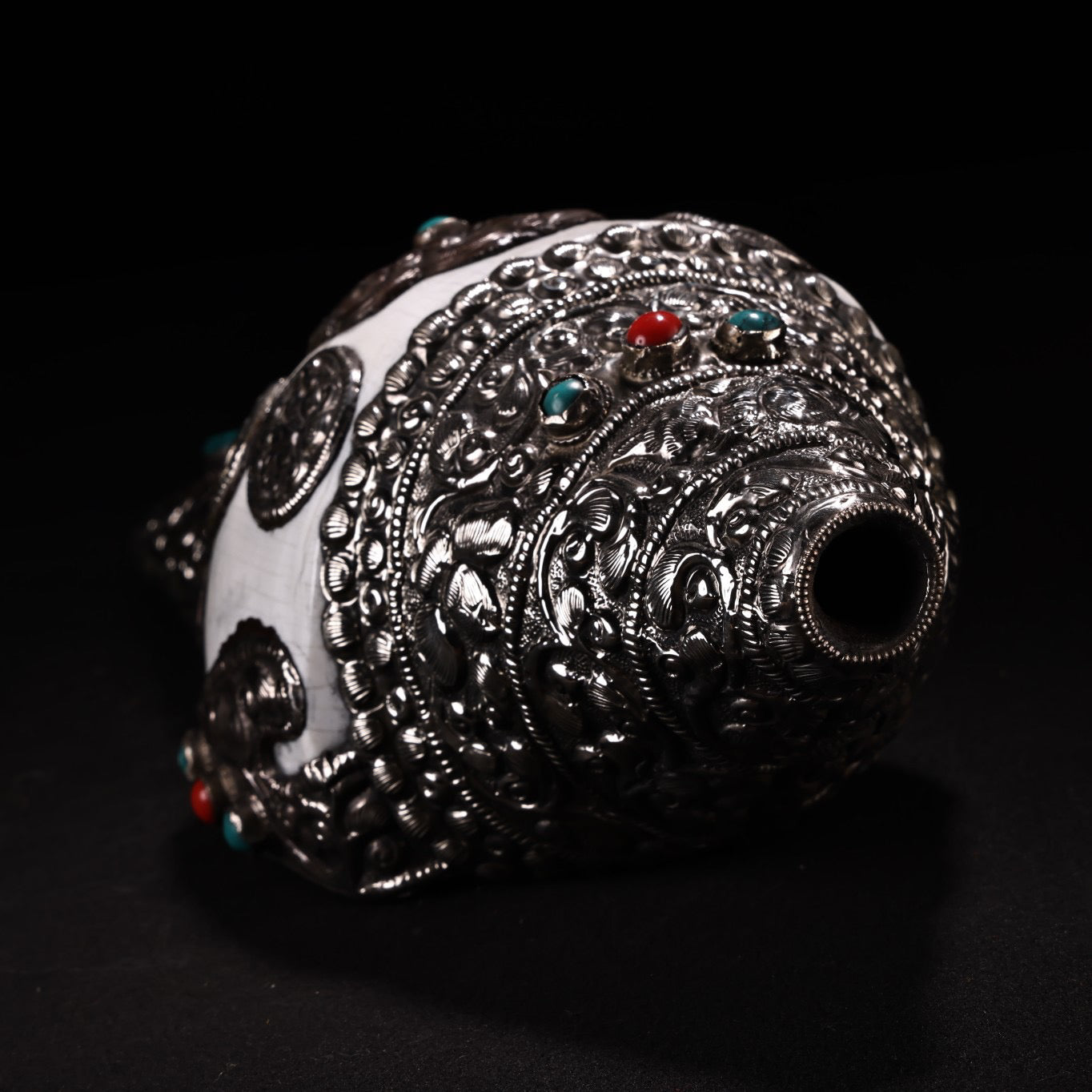 Antique Nepalese pure natural white conch bag with silver inlaid gemstones, left handed conch artifact, Dharma name