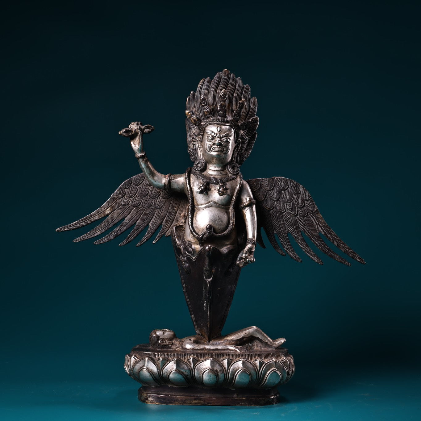 Chinese antique pure copper high relief carved and gilded silver Tibetan eagle god protector Buddha statue