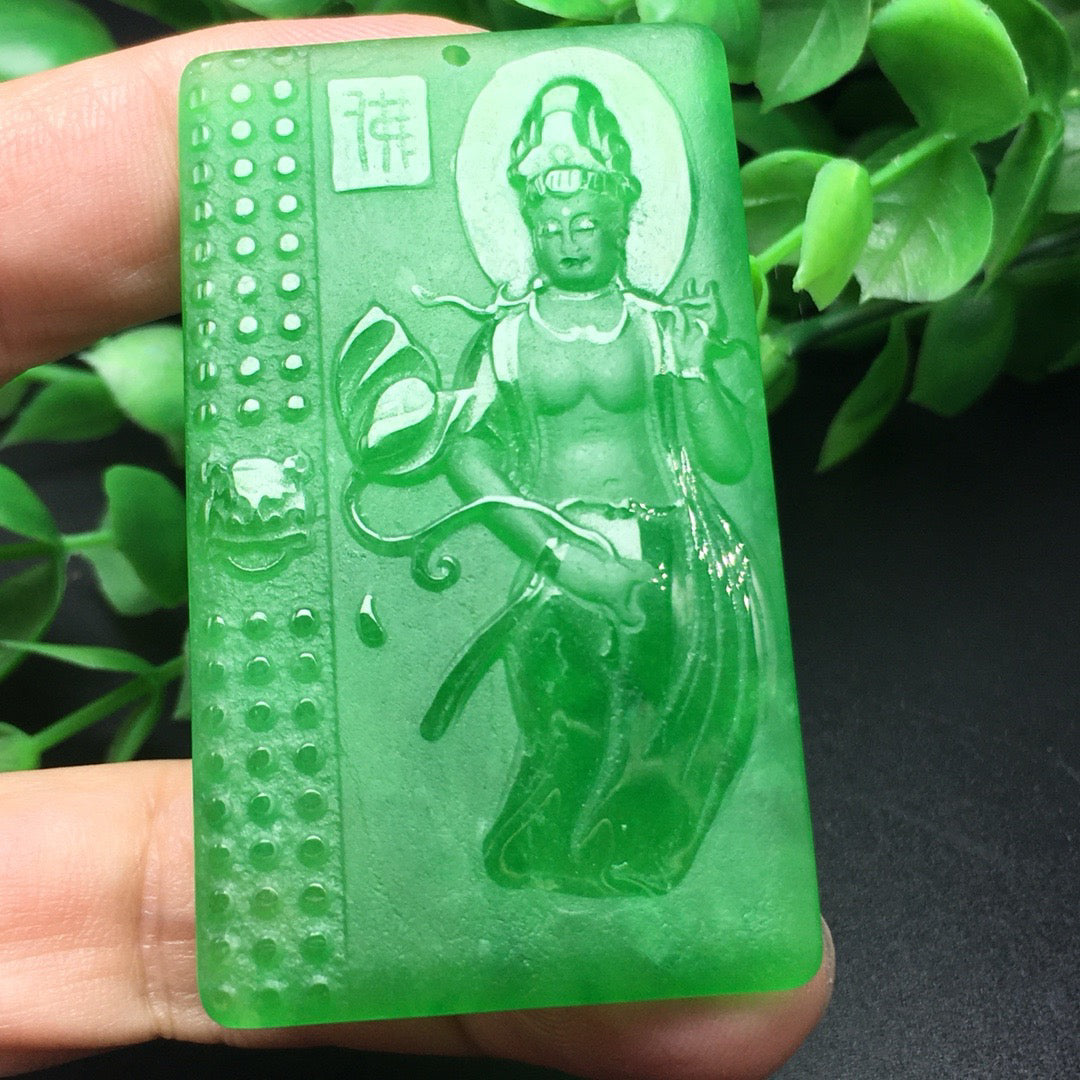 Ice green jade frosted Buddha plaque