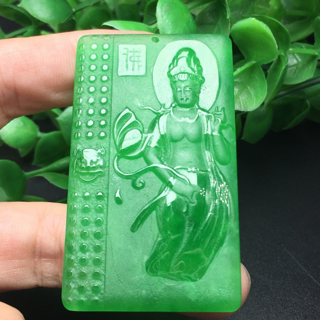 Ice green jade frosted Buddha plaque