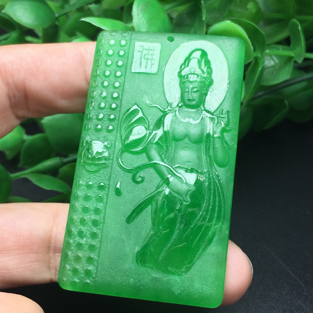 Ice green jade frosted Buddha plaque