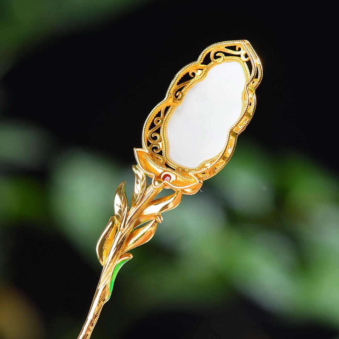Silver inlaid Hotan Jade Enamel Gold Branch Jade Leaf Hairpin