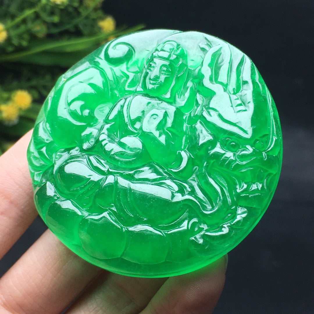 Ice Green Round Jade Dragon Guanyin Card
