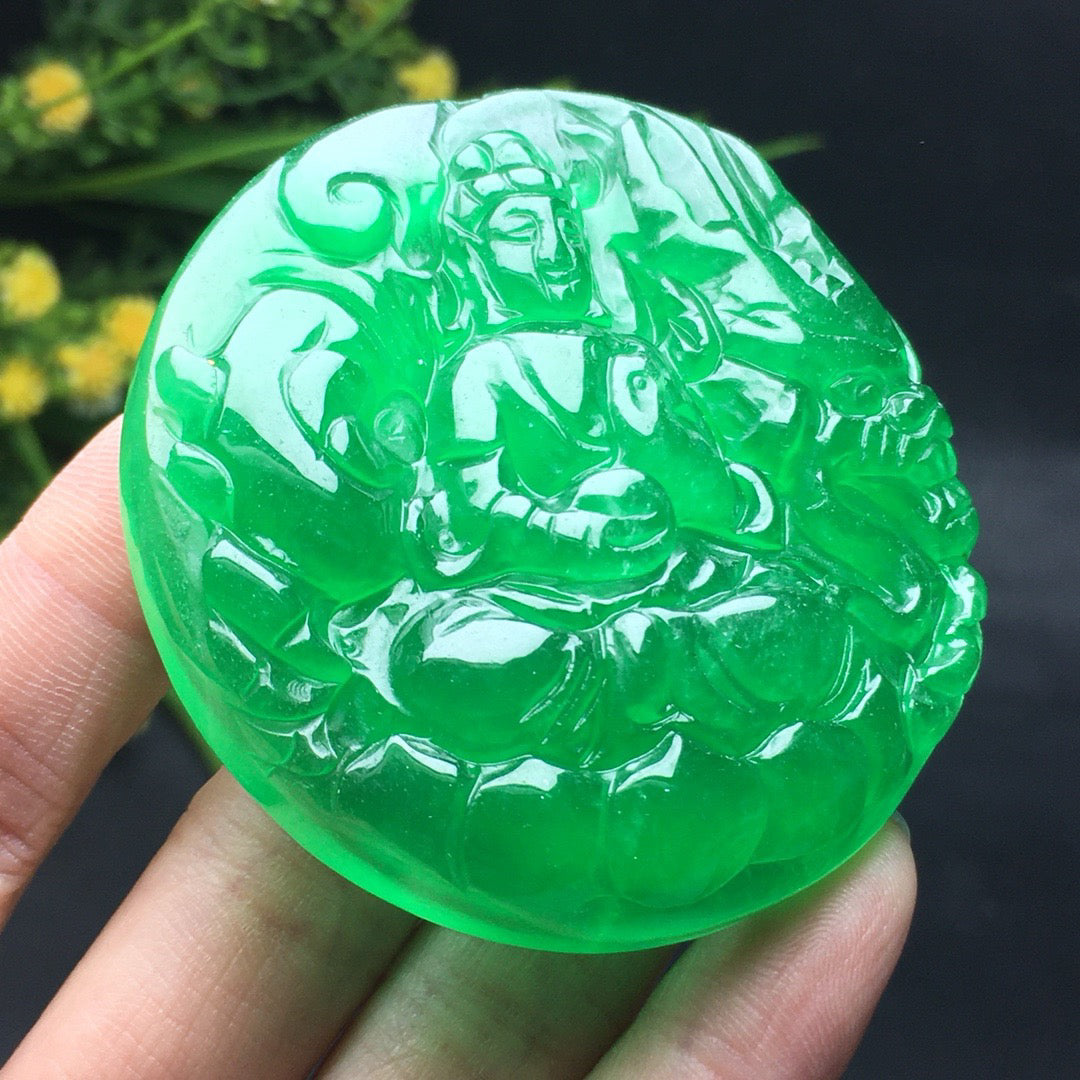 Ice Green Round Jade Dragon Guanyin Card