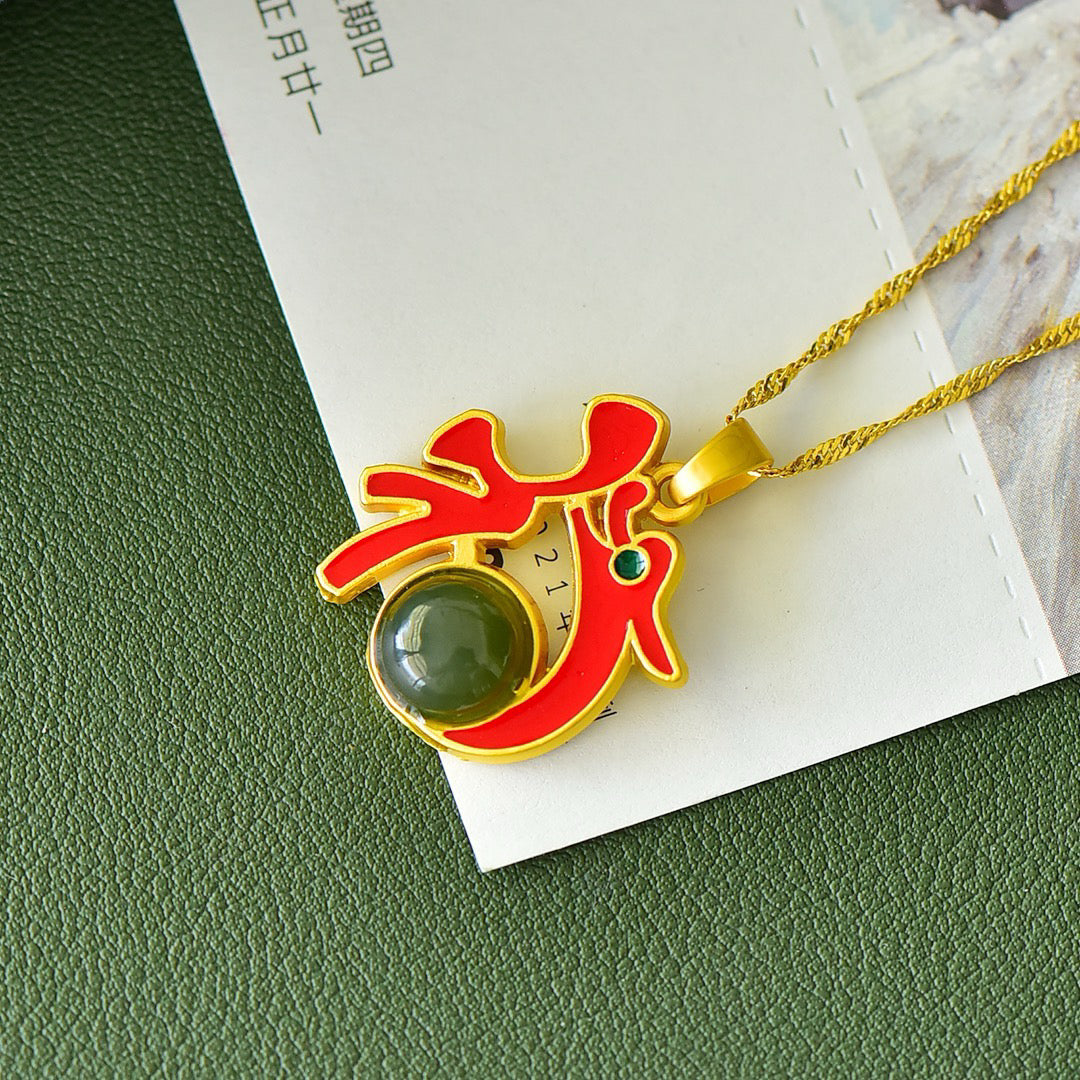 Copper inlaid Hotan Jade drum face lucky dragon enamel fashion pendant