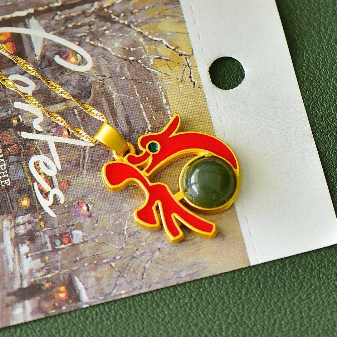 Copper inlaid Hotan Jade drum face lucky dragon enamel fashion pendant