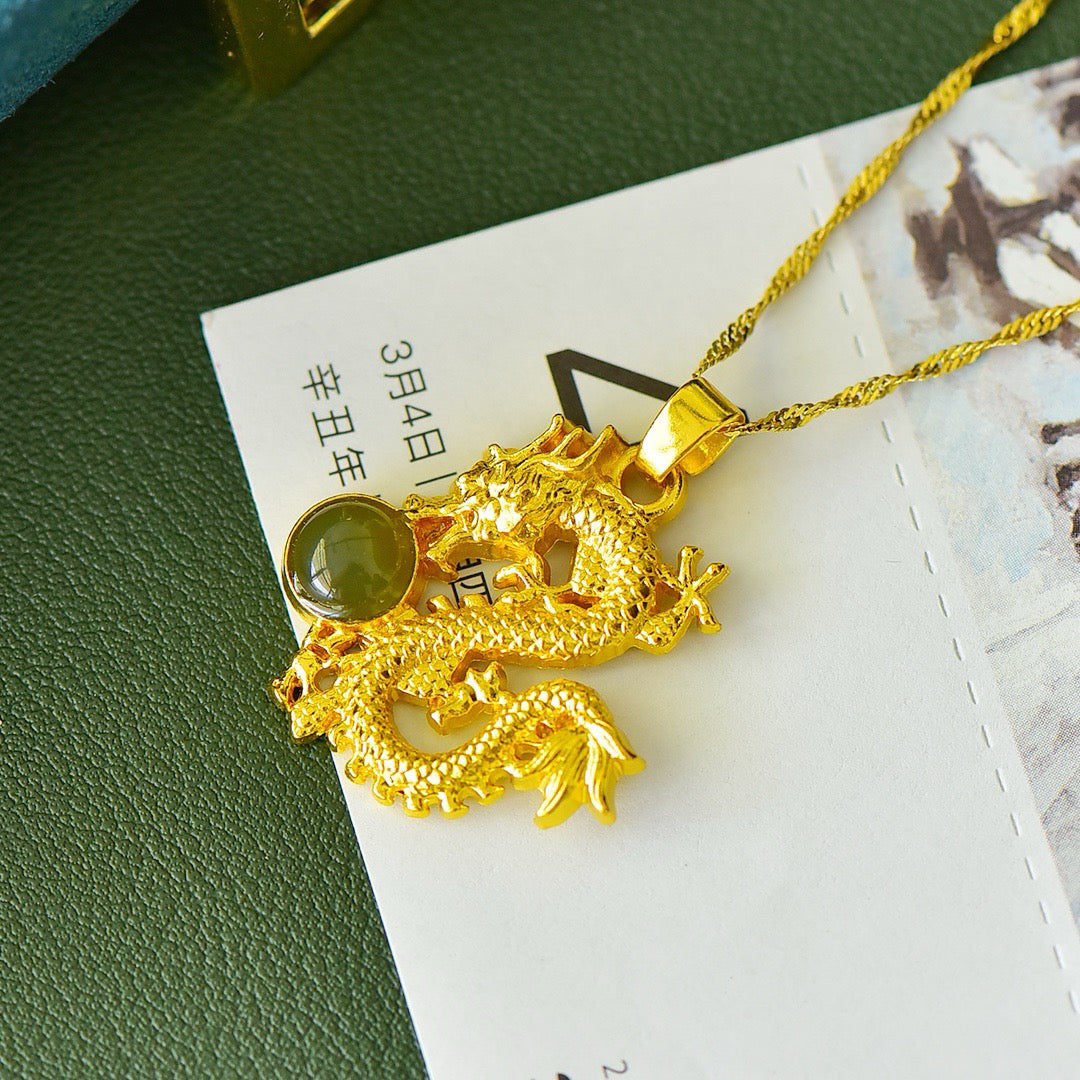 Copper inlaid Hotan Jade drum face lucky dragon fashion pendant