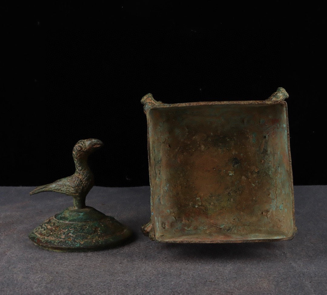 Chinese antique bronze six dragon standing bird teapot