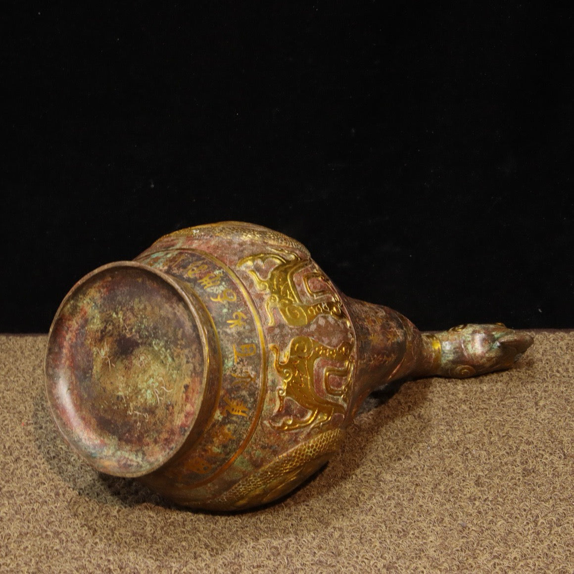 Chinese antique bronze - inlaid gold dragon and phoenix carrying beam teapot