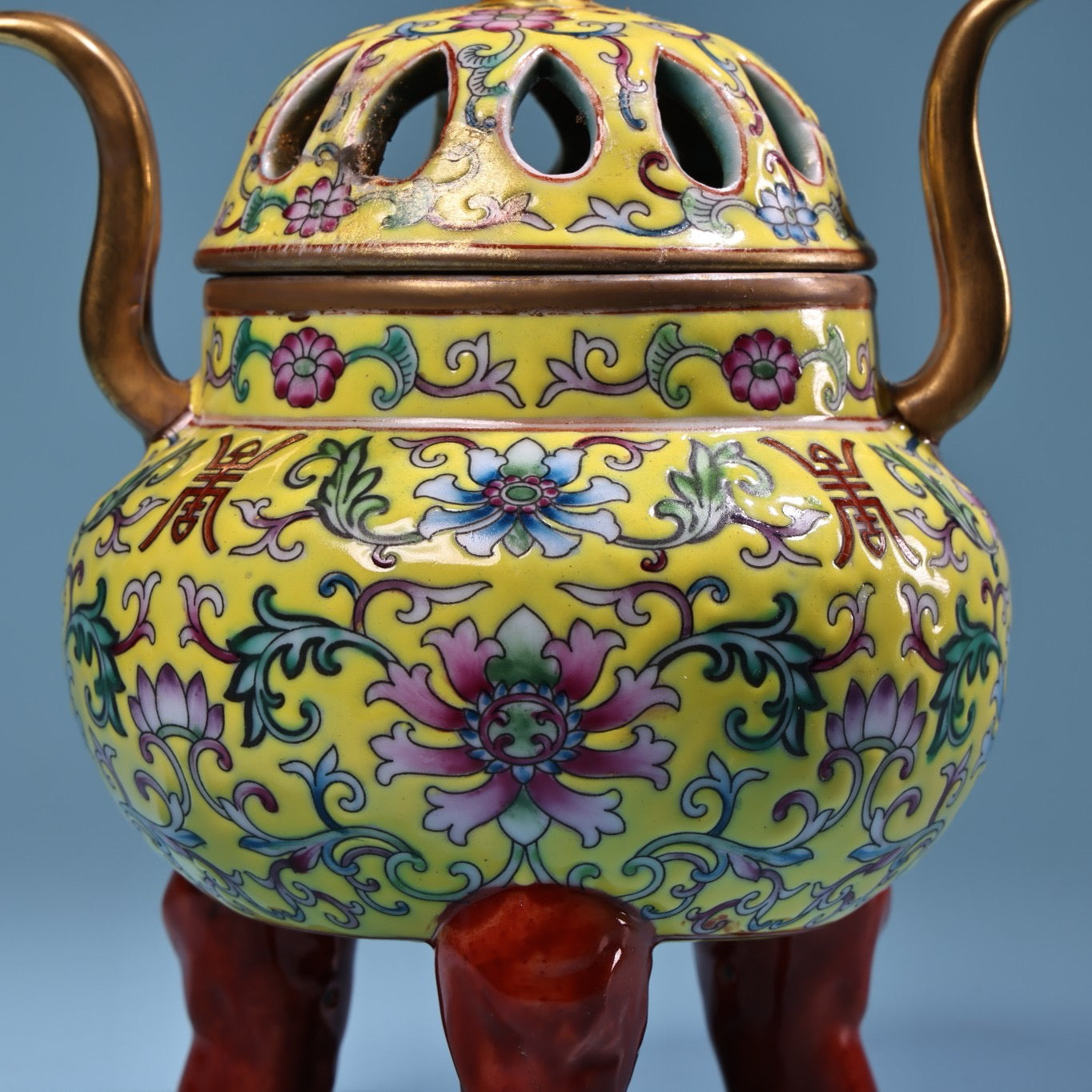 Hand painted enamel gilded gold colored porcelain incense burner