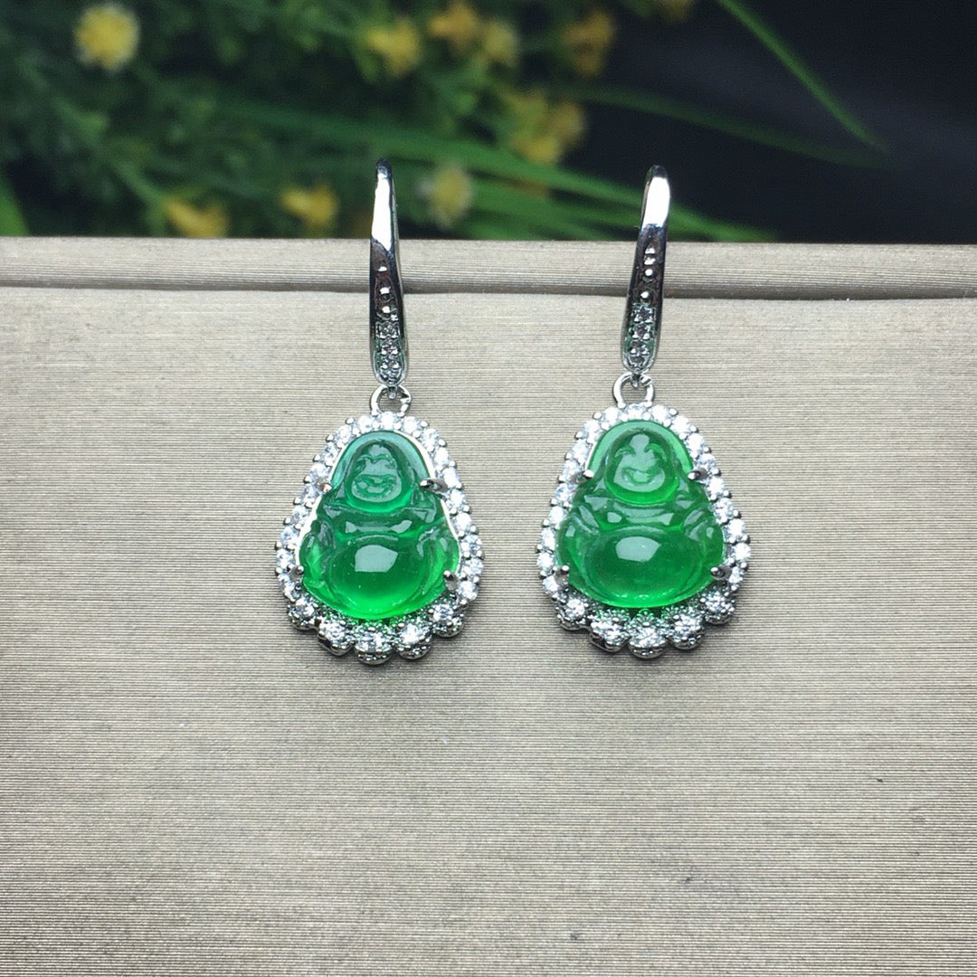 Ice Green Jade Buddha Lord Earrings