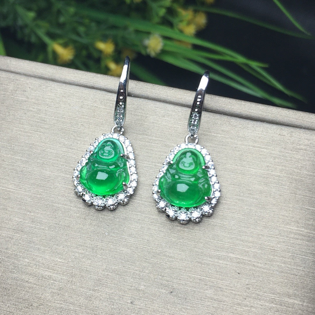 Ice Green Jade Buddha Lord Earrings