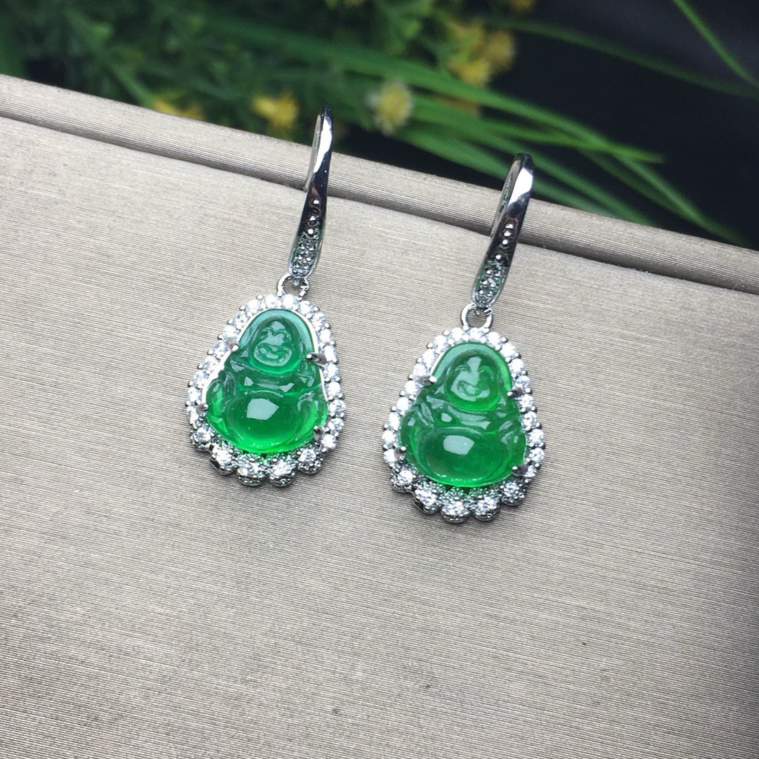 Ice Green Jade Buddha Lord Earrings