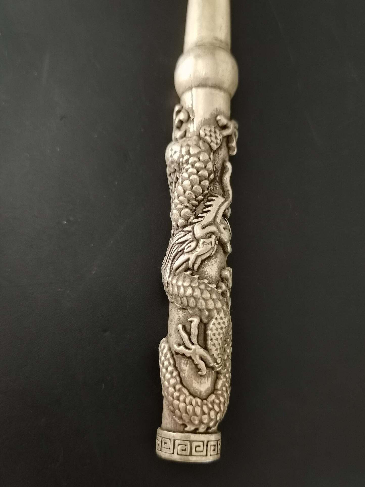 Chinese Antique Silver Dragon Head Pipe and Rod