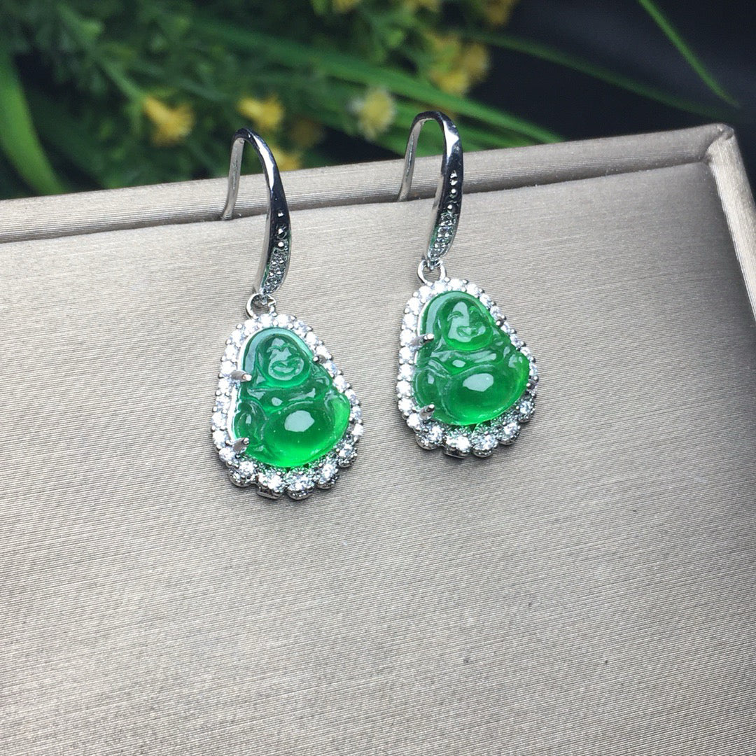 Ice Green Jade Buddha Lord Earrings
