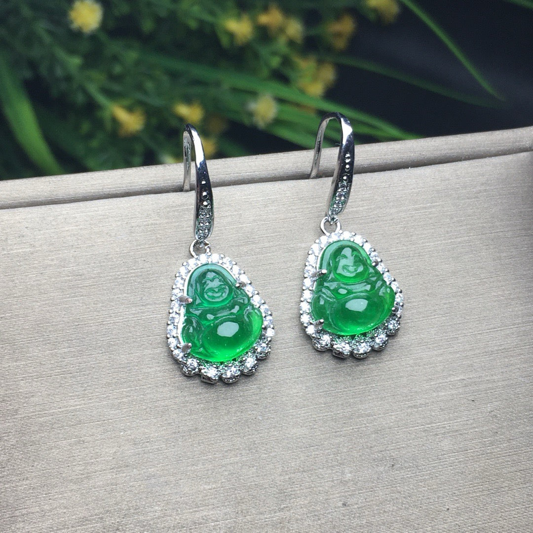 Ice Green Jade Buddha Lord Earrings
