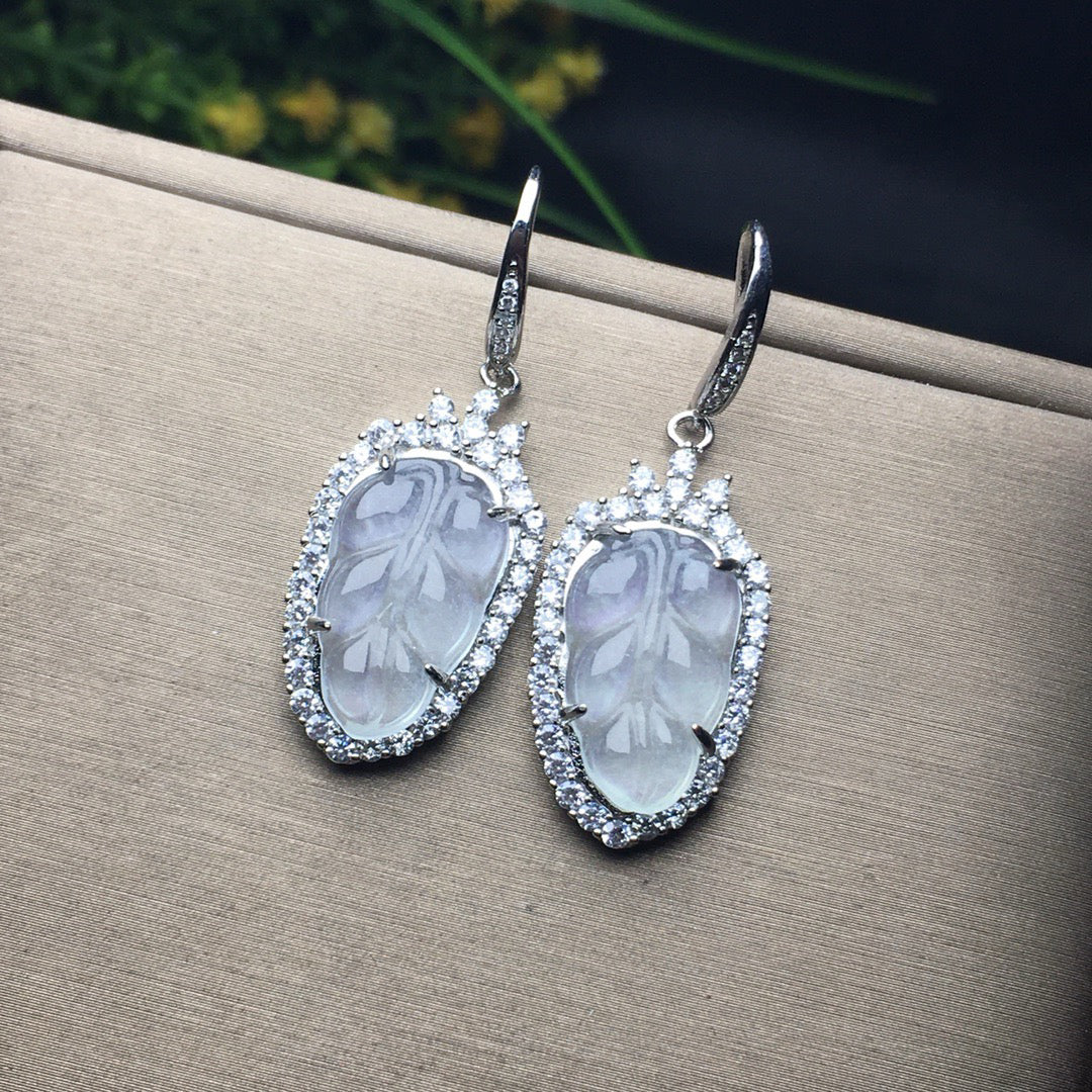 Ice Rising Light Golden Branch Jade Leaf Earrings