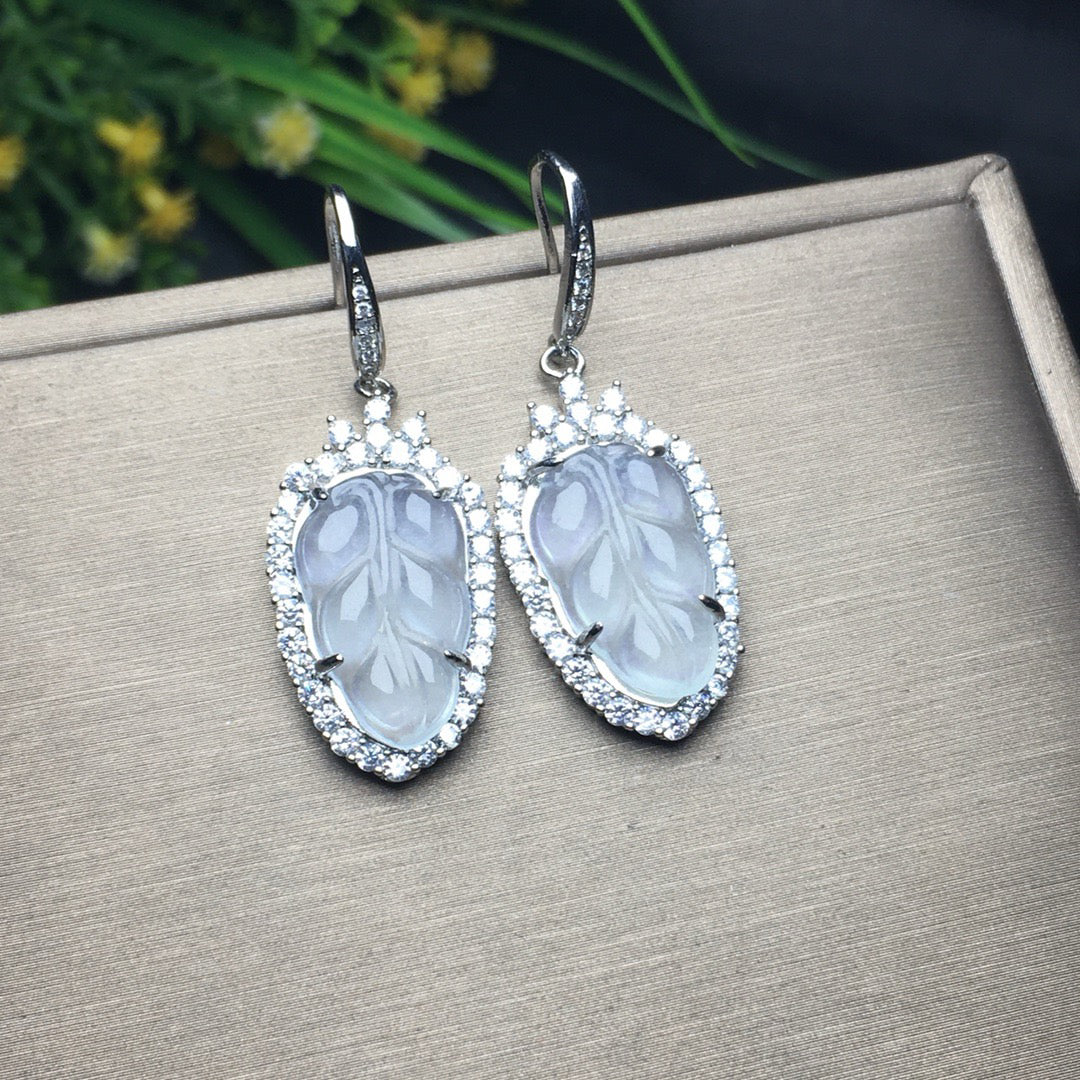 Ice Rising Light Golden Branch Jade Leaf Earrings