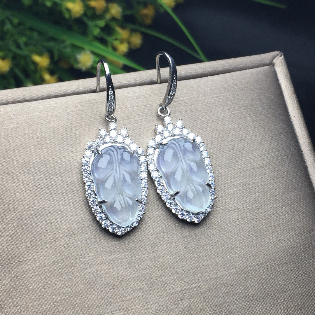 Ice Rising Light Golden Branch Jade Leaf Earrings
