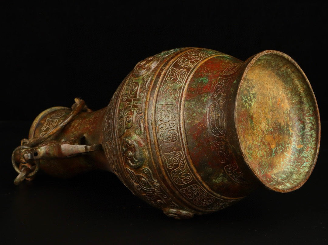 Chinese antique bronze double dragon chain bottle