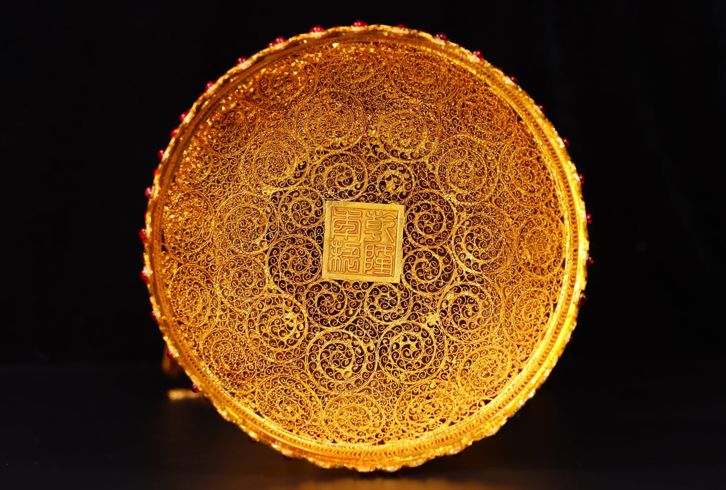 Chinese antique handmade filigree gold-plated inlaid gemstone blue tower ornaments
