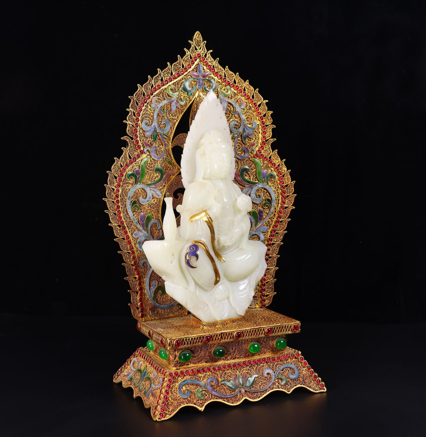 Chinese antiques, handmade, filigree, gilded, inlaid with Hotan Jade Guanyin