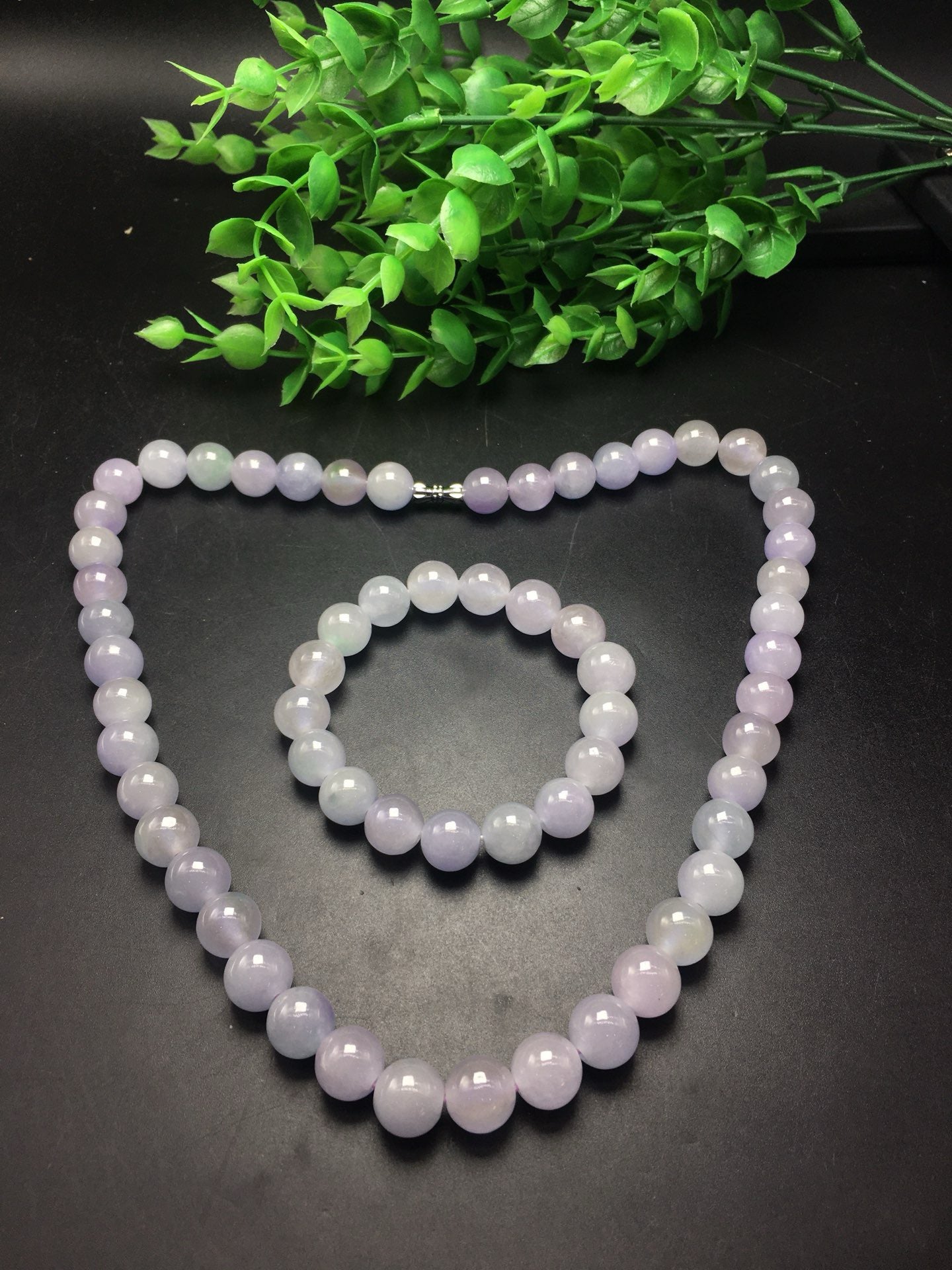 Ice Violet Round Bead Jade Necklace Bracelet Set of Two