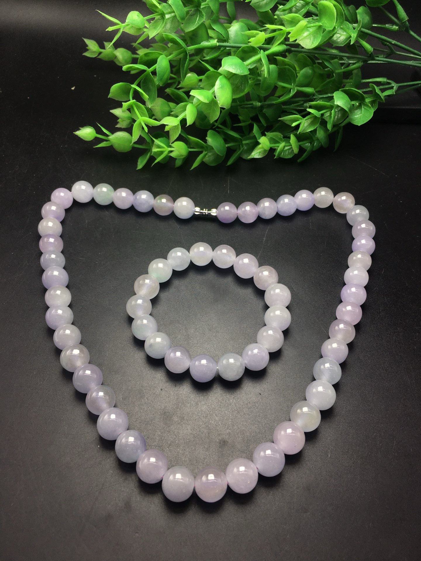 Ice Violet Round Bead Jade Necklace Bracelet Set of Two