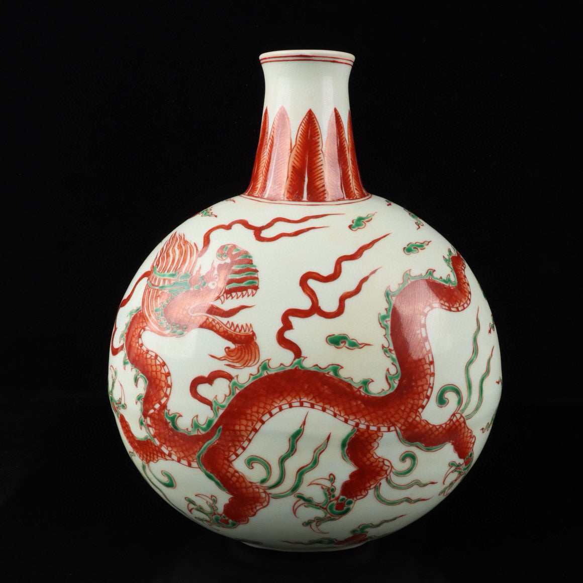 Red and green colored cloud dragon patterned flat bottle