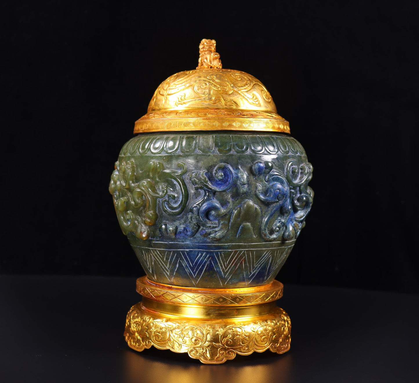 Chinese Antique Pure Handcarved Old Hotan Jade Gold Wrapped Panlong Pot