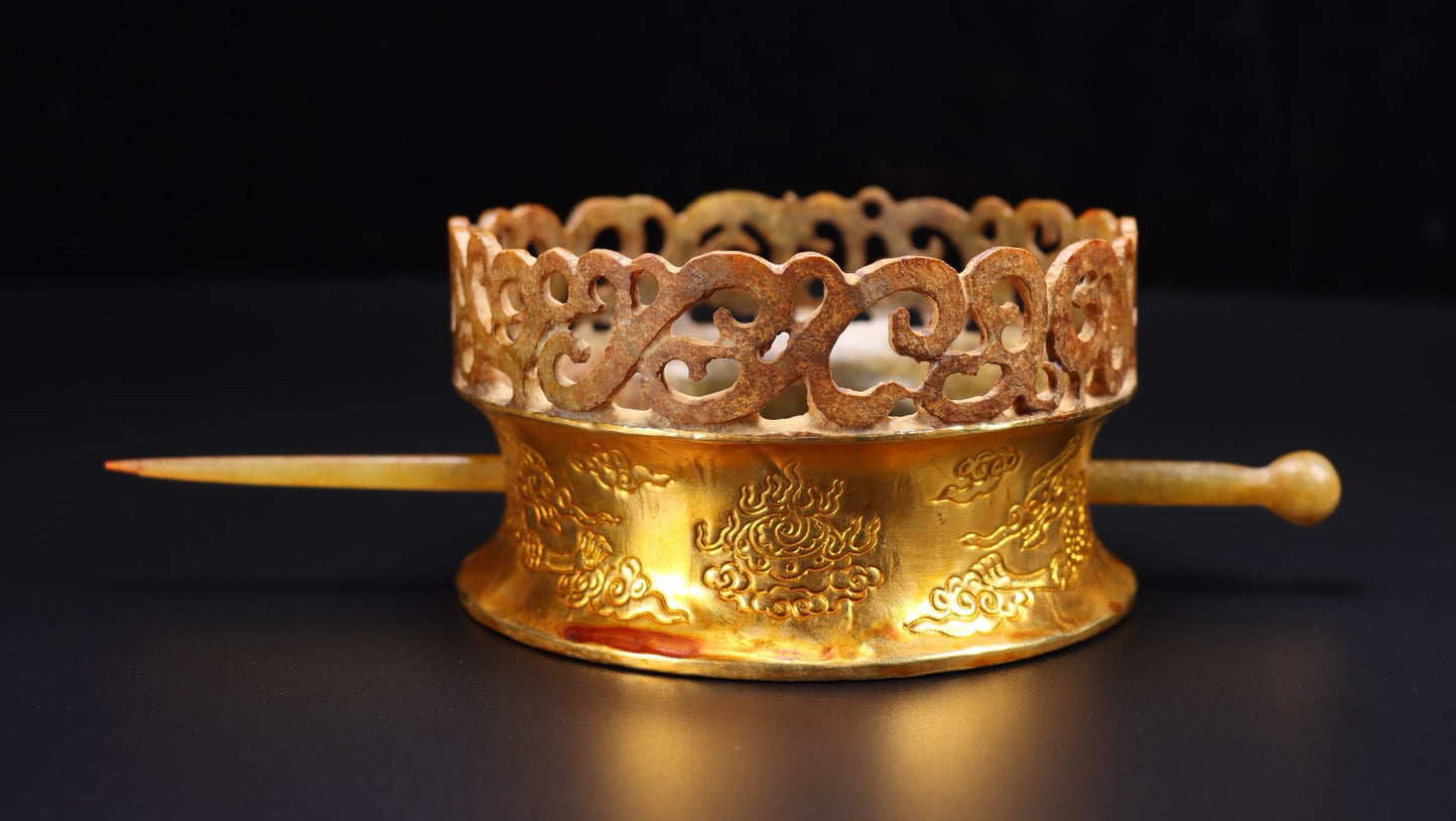 Chinese Antique Pure Handmade Old Hotan Jade Gold Hat Crown