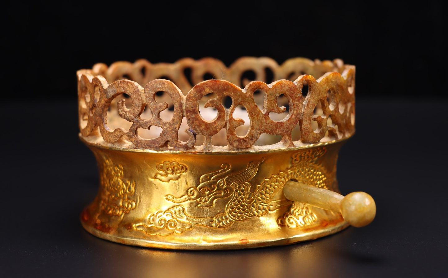 Chinese Antique Pure Handmade Old Hotan Jade Gold Hat Crown