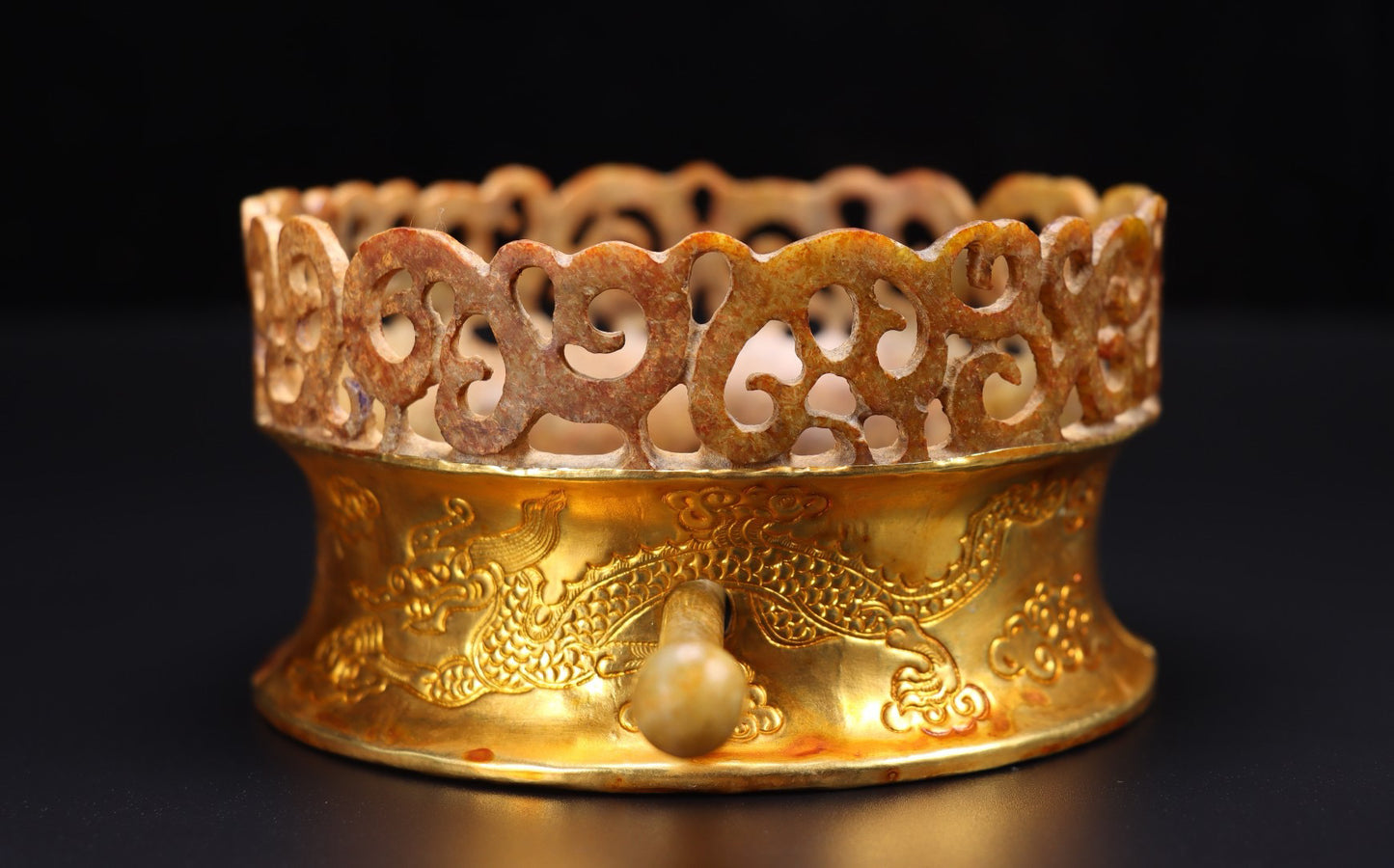 Chinese Antique Pure Handmade Old Hotan Jade Gold Hat Crown