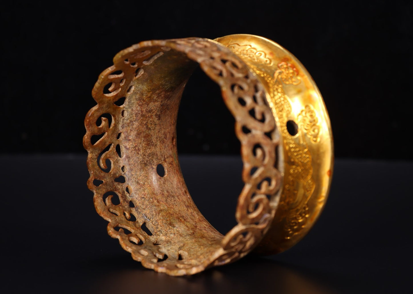 Chinese Antique Pure Handmade Old Hotan Jade Gold Hat Crown