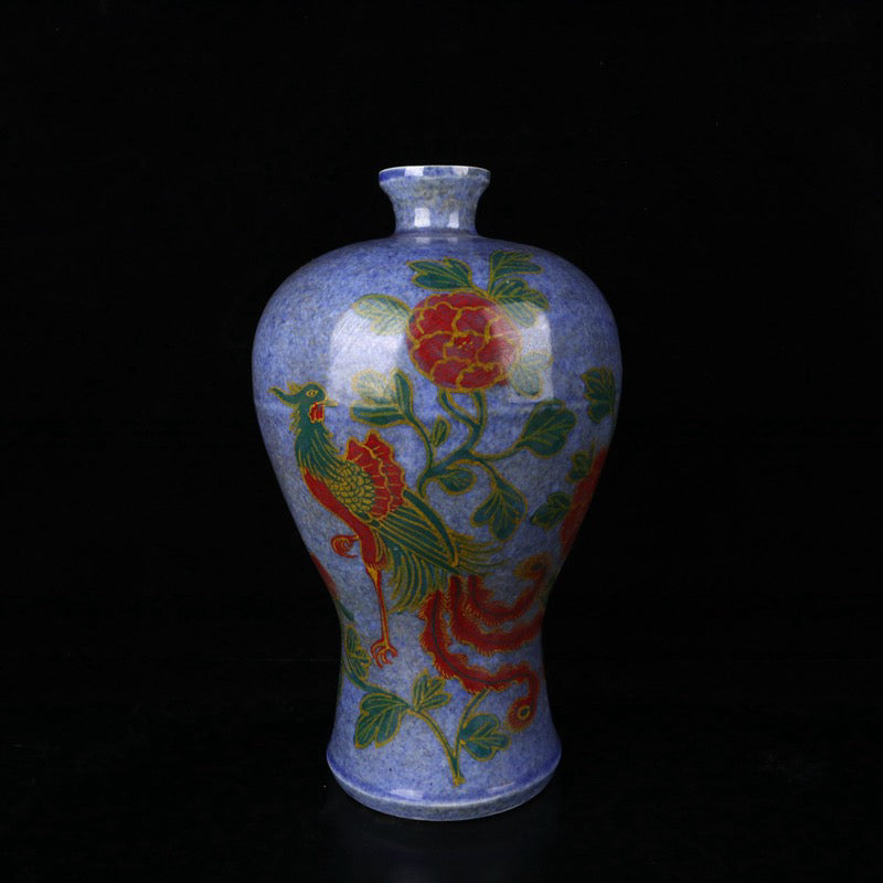 A pair of plum vases with snowflake orchid glaze and phoenix pattern