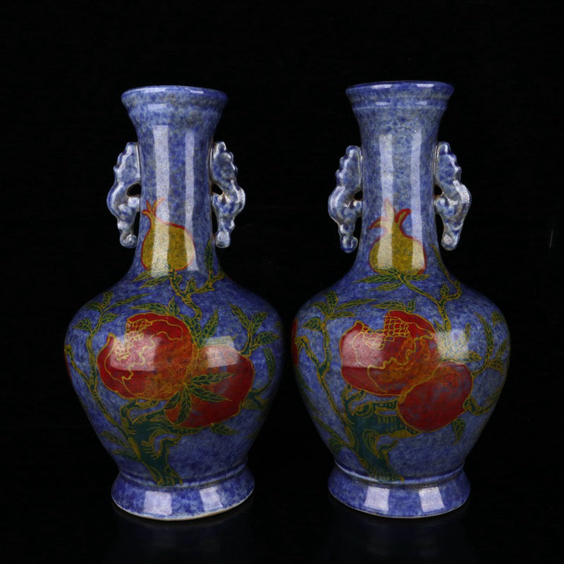 A pair of snowflake orchid glazed triple patterned double ear bottles