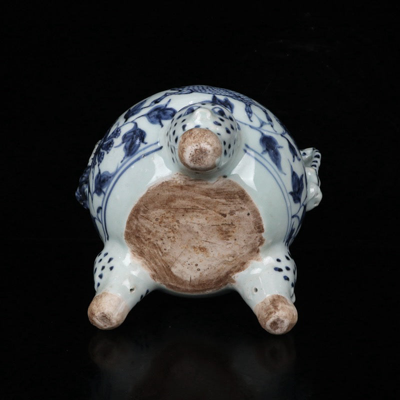 Blue and white qilin patterned double ear three legged incense burner