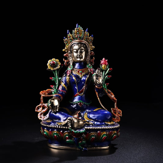 A pure copper cloisonne enamel green Tara Buddha statue