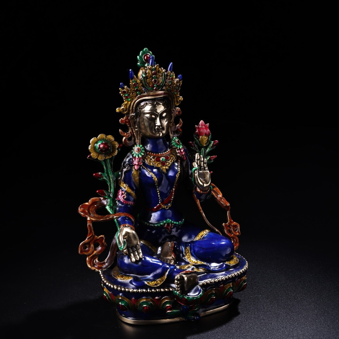 A pure copper cloisonne enamel green Tara Buddha statue