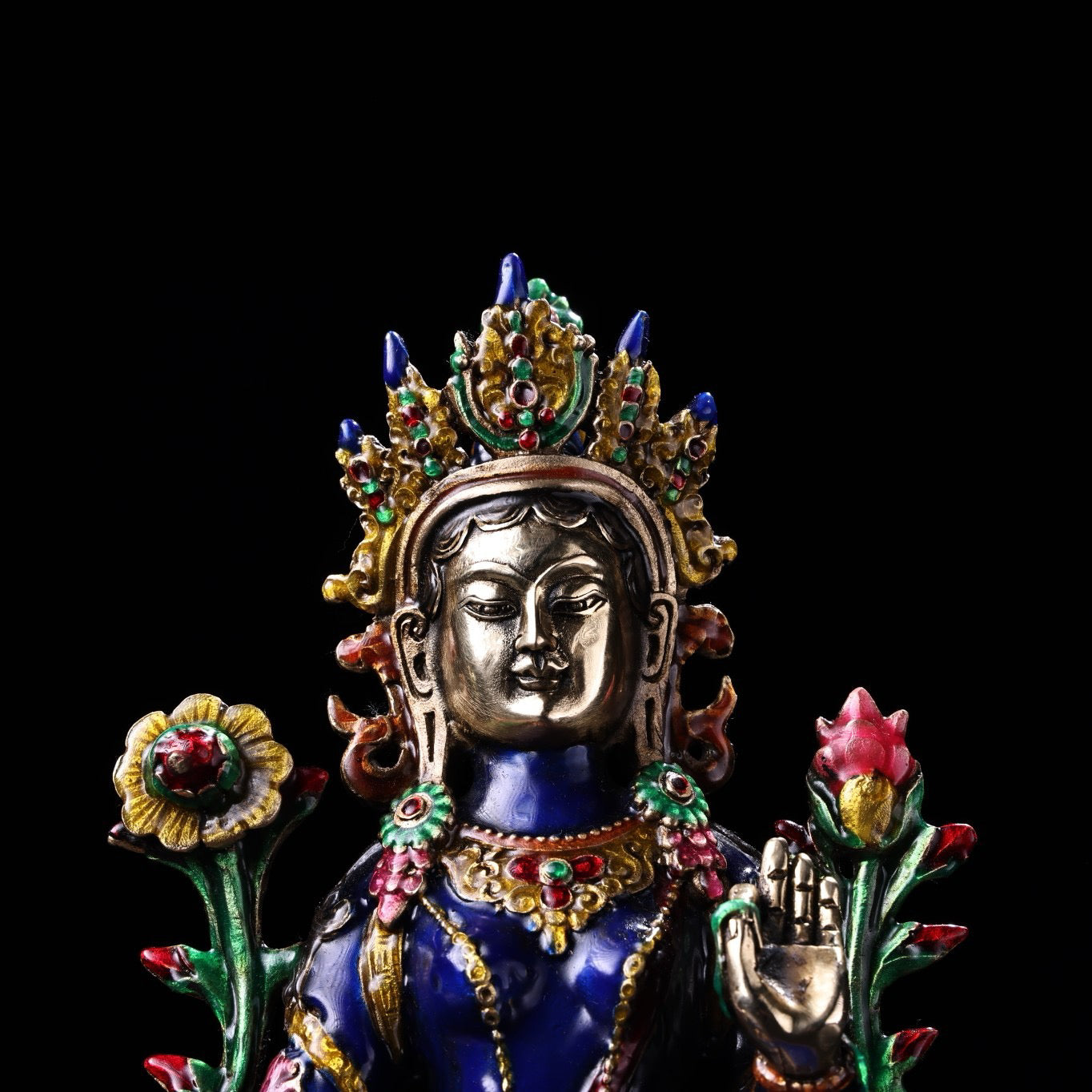 A pure copper cloisonne enamel green Tara Buddha statue