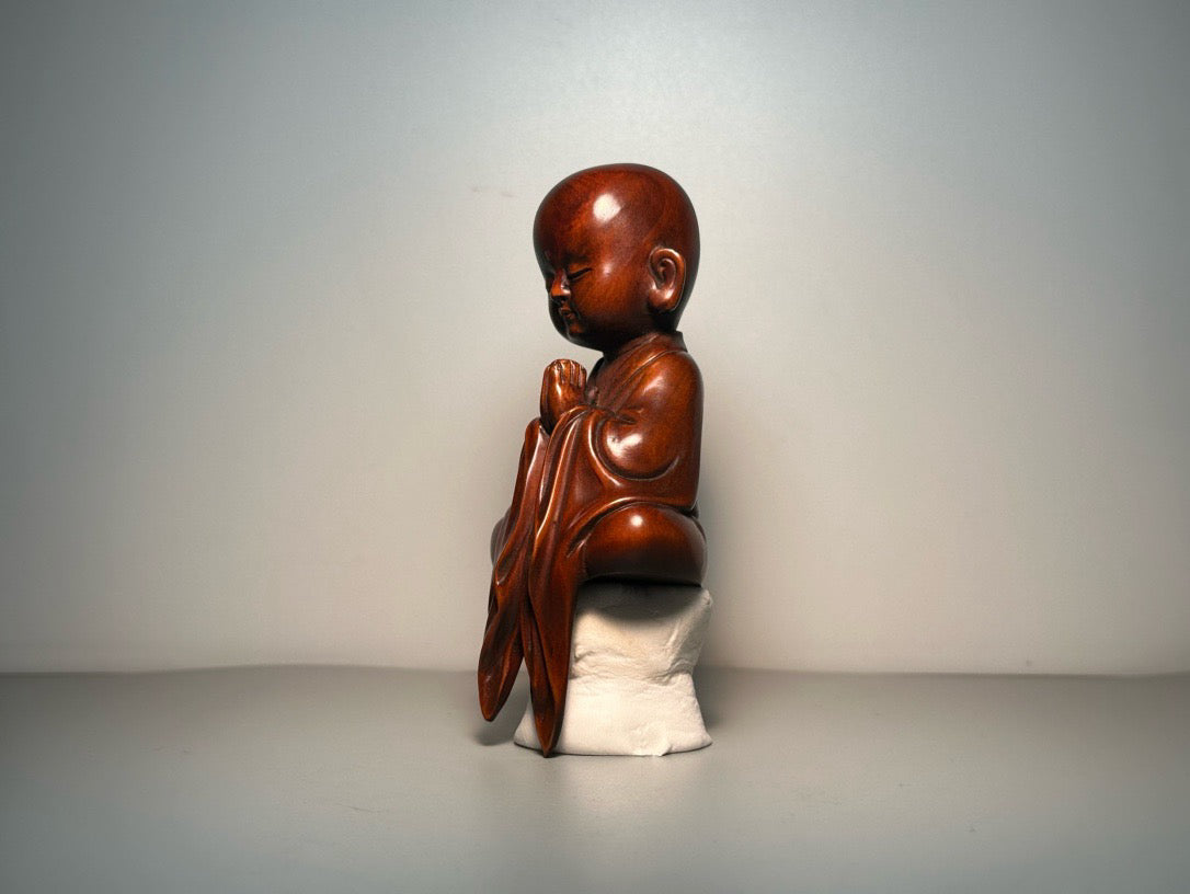 Chinese antique boxwood carving with exquisite craftsmanship, small monk sitting in meditation