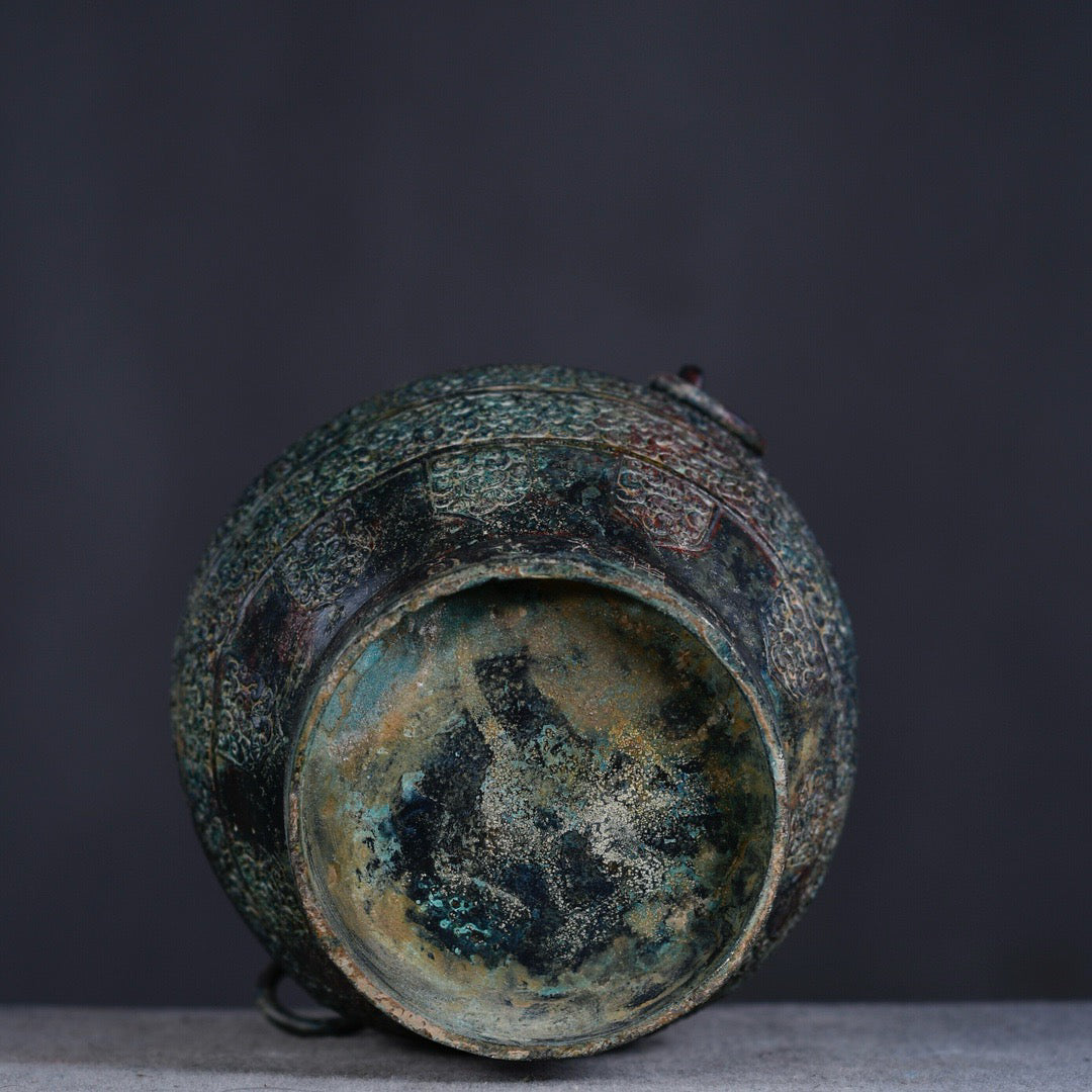 Chinese antique bronze animal ear double ring teapot