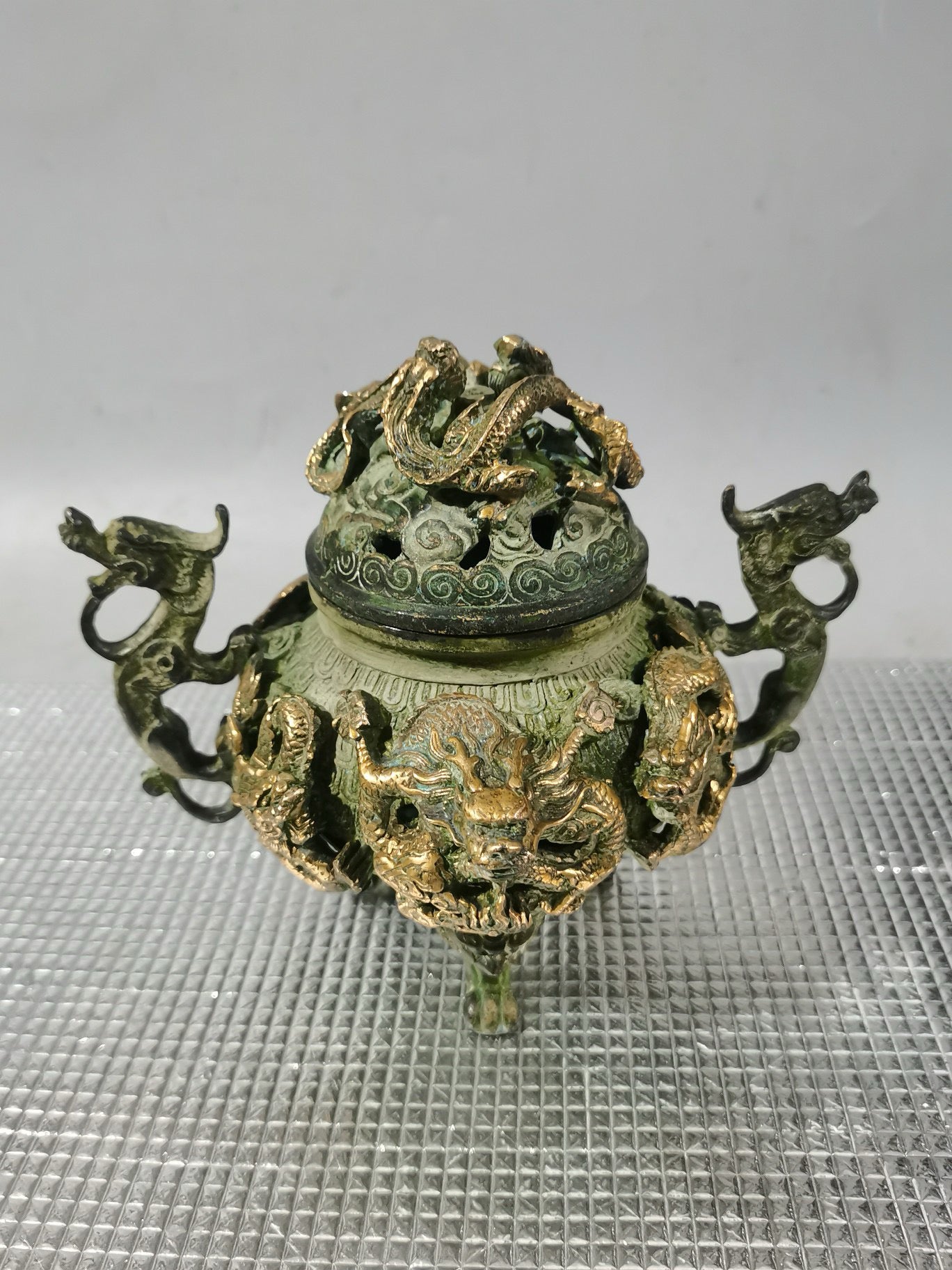 Chinese antique pure copper gilded nine dragon incense burner