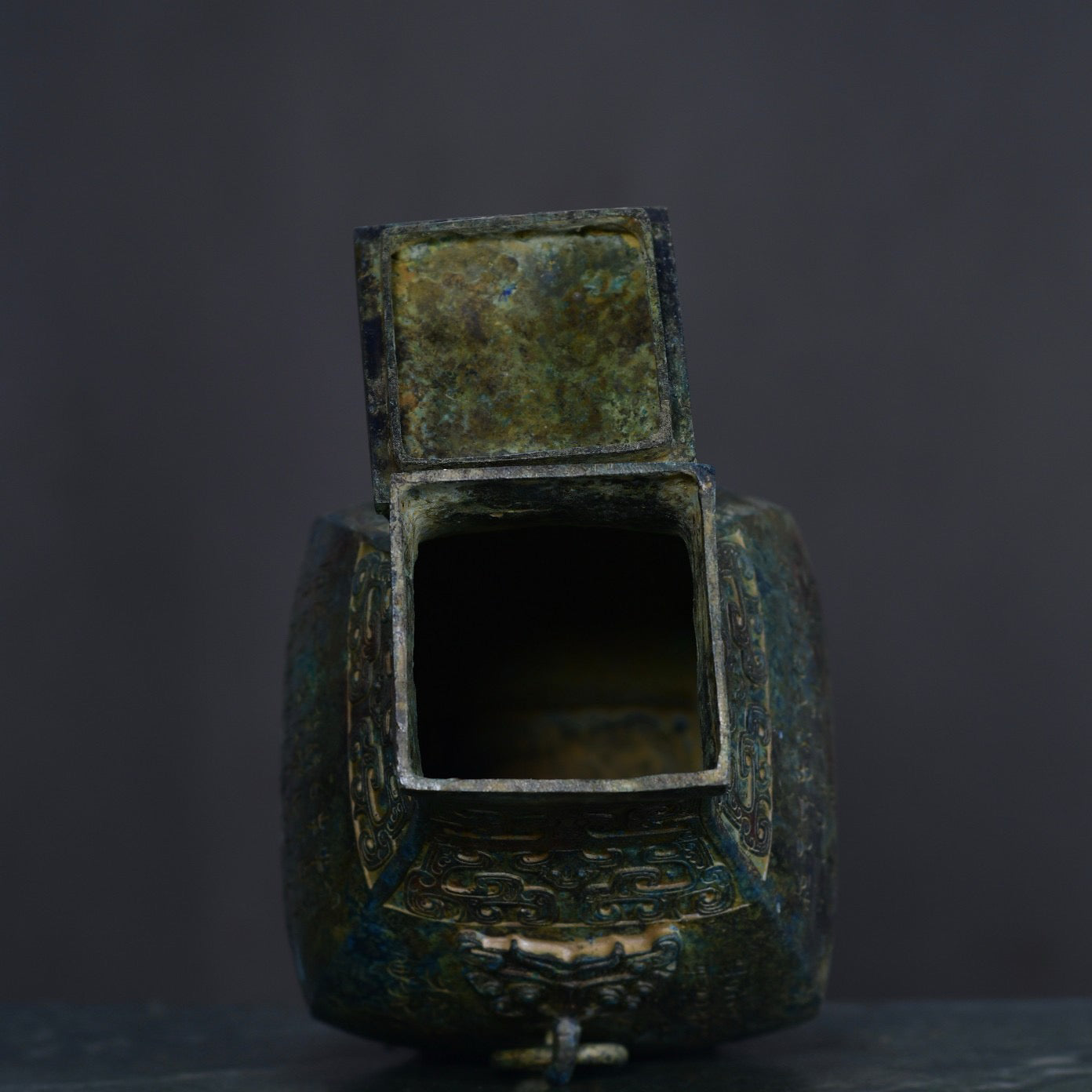 Chinese Antique Bronze Double Beast Ear Square Bottle