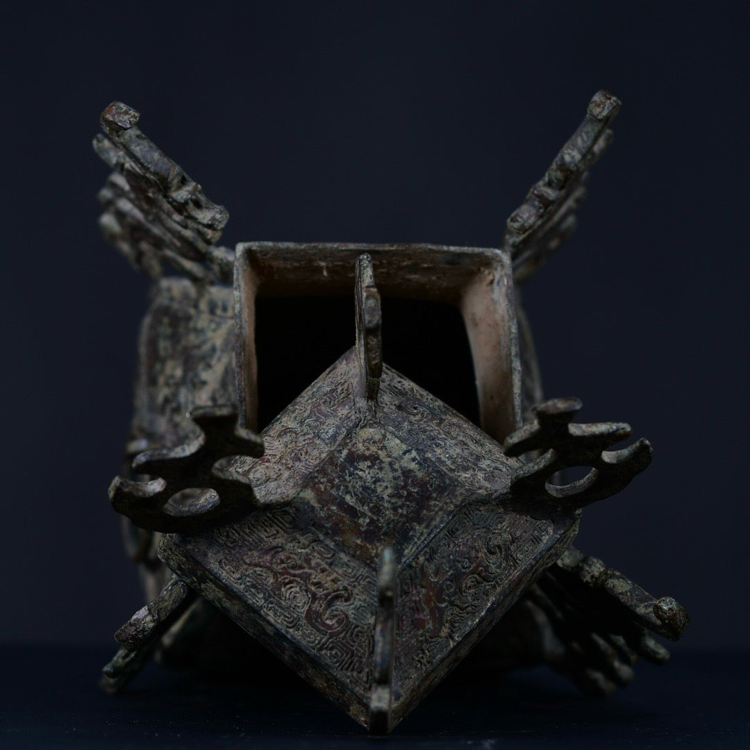 Chinese antique bronze four dragon square teapot