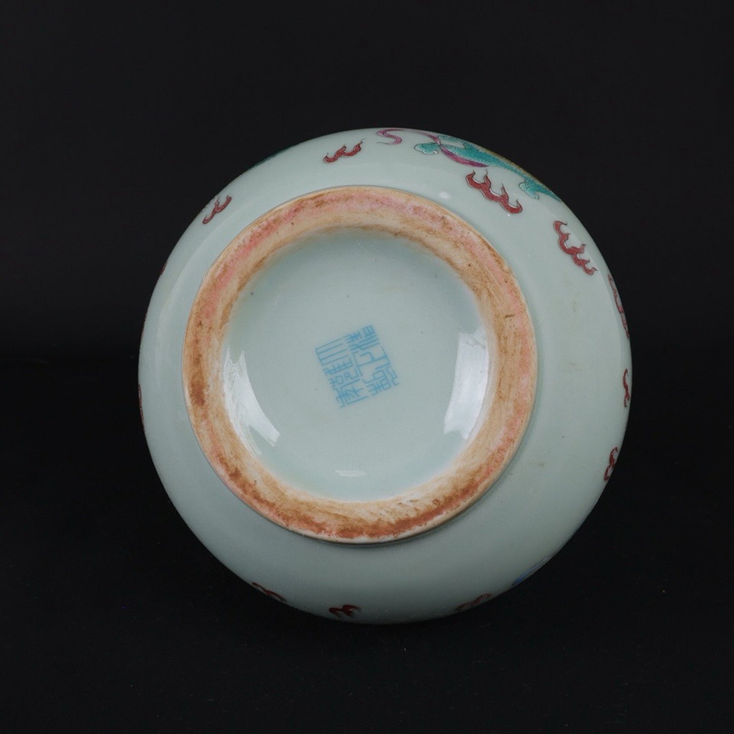 Blue glazed pink lion patterned sheep head statue